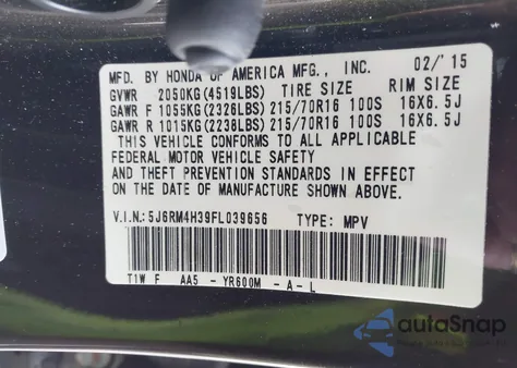 2015 Honda Cr-V Lx из США, поврежденный, VIN 5J6RM4H39FL039656